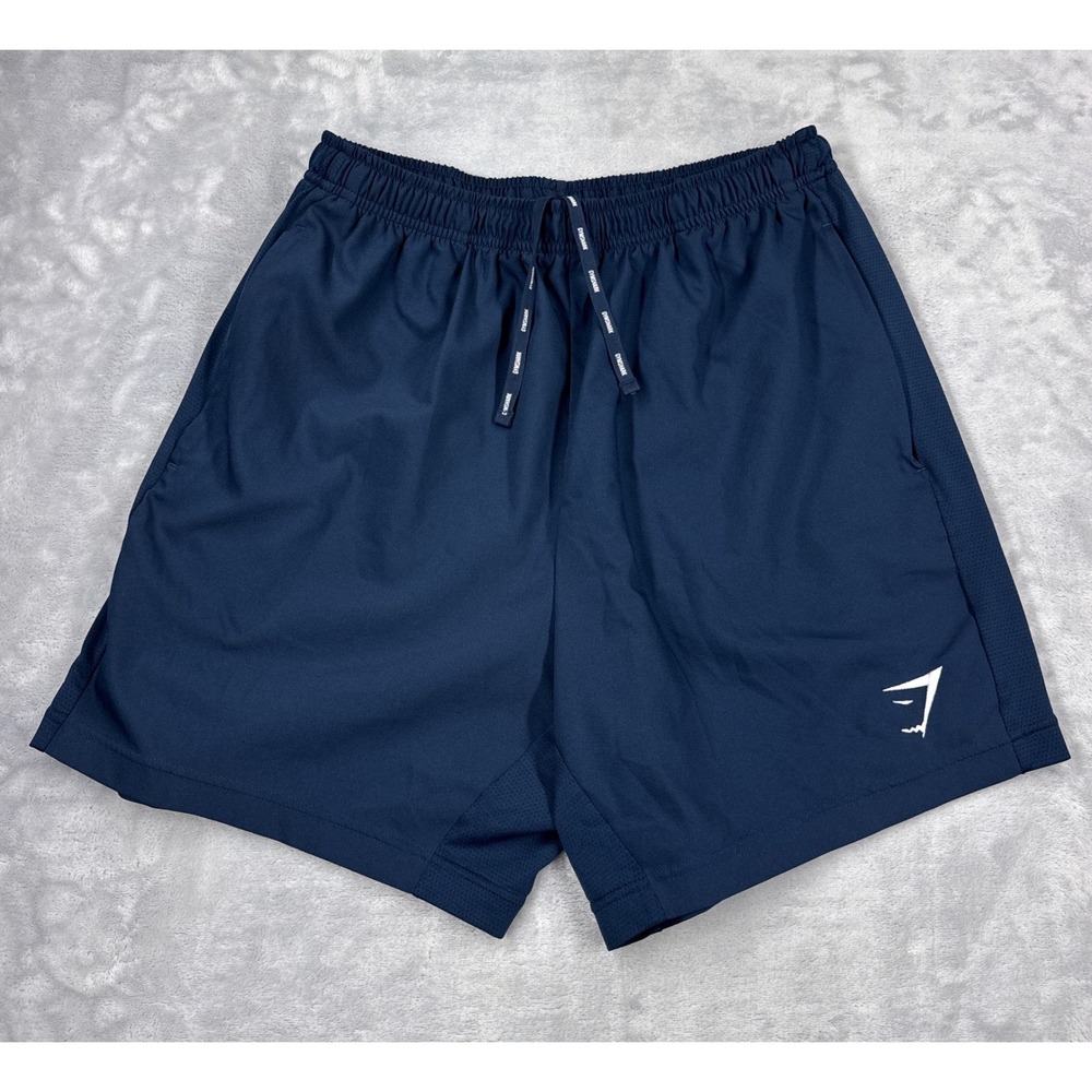 GYMSHARK 6" Sport Shorts Mens L Navy Blue Slim Fit Mesh Panel Drawstring Logo